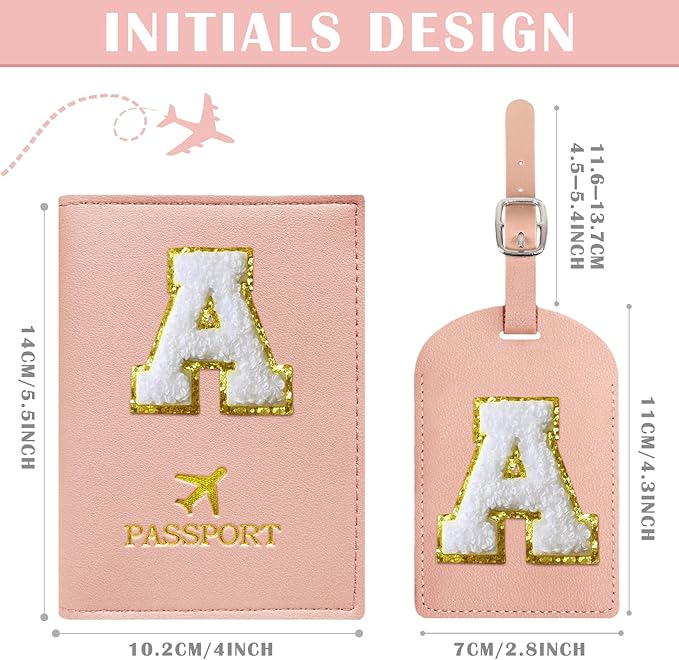 COSHAYSOO Pink Passport Cover Book Holder Travel Luggage Tag Set for Women Teen Girls with Initial Monogram Letter, Cute Airplane Essentials Personalized Cruise Accessories Trip Favor Gifts A