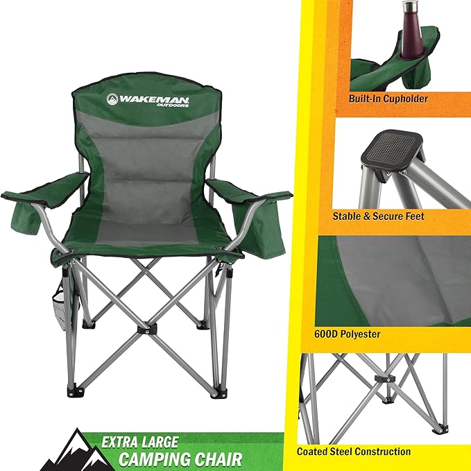 Oversized Camping Chair 300lbs - Heavy Duty Folding Chair with Cooler Pouch and Carry Bag for Camp Sites, Tailgates, or Beach by Wakeman (Green)