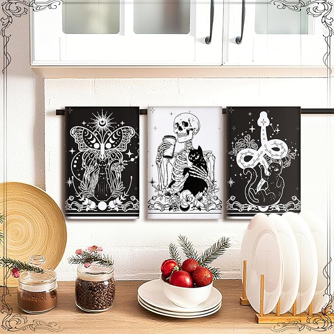 Bencailor 6 Pcs Skull Kitchen Towels Skeleton Dish Hand Towels Black Cat Skull Tea Washcloth for Bathroom Kitchen Gothic Horror Decor Gifts 24 x 16''
