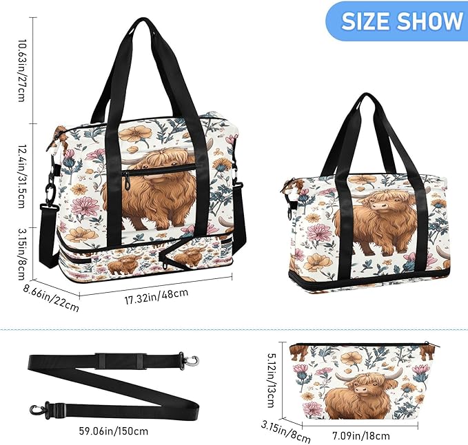 Travel Duffel Bags for Women Highland Cow Floral Print Sports Duffel Bags Gym Bags with Shoes Compartment Tote Bag Weekender Bag for Travelling