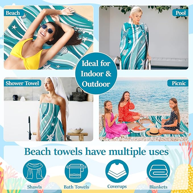 Seashell Oversized Beach Towel - Double-Sided Thin Microfiber Lightweight Pool Towel 71"x35" Quick Dry Towel Sand Free Blanket for Bath Sport Travel Beach Swimming Camping for Girl Women