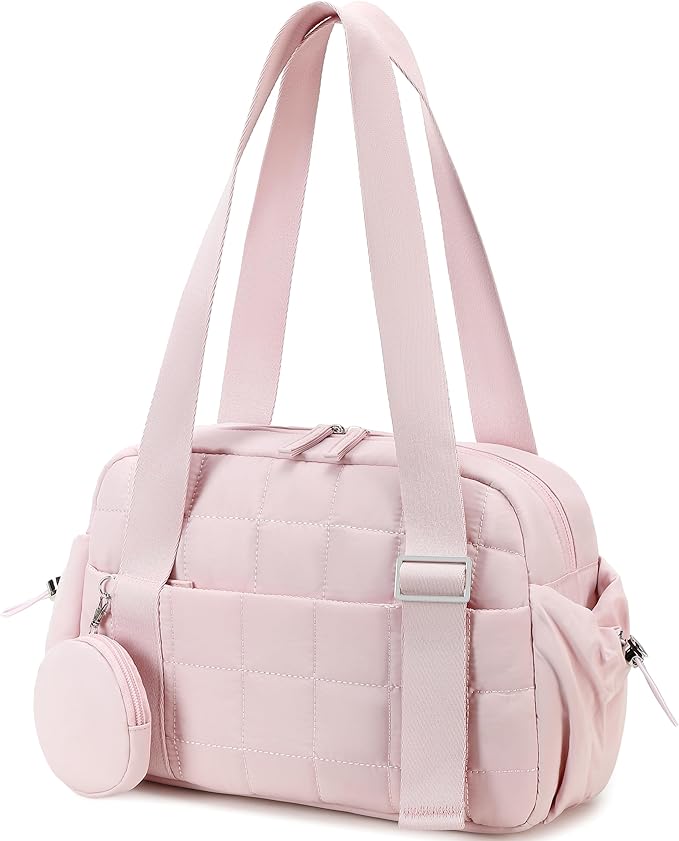 CAMTOP Mini Gym Bag for Women, Small Gym Tote Bag Puffy Quilted Sports Duffel Bag with Wet Compartment and Coin Purse Duffel Bags Dance Yoga Workout Bag for Gifts (All Coral Pink, Mini-12.6")