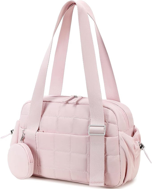 CAMTOP Mini Gym Bag for Women, Small Gym Tote Bag Puffy Quilted Sports Duffel Bag with Wet Compartment and Coin Purse Duffel Bags Dance Yoga Workout Bag for Gifts (All Coral Pink, Mini-12.6")
