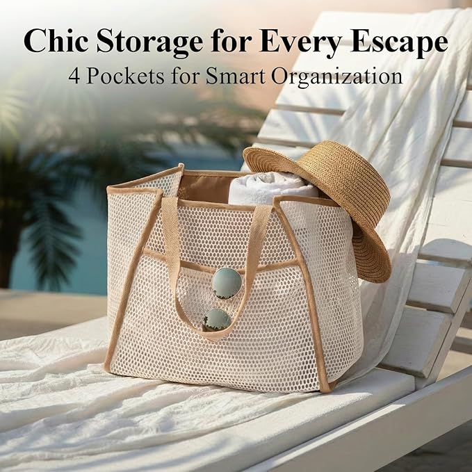 F-color Mesh Beach Bag Family - Large Tote Bag 9 Pockets for Swim Pool Toys Cruise Beach Vacation Essentials