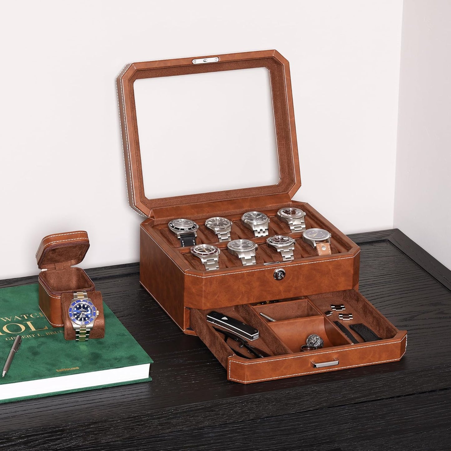 ROTHWELL 8 Slot Leather Watch Box with Valet Drawer - Luxury Case Display Jewelry Organizer, Locking Display Case Holder, Real Glass Top - Watch Box Organizer for Men & Women (Tan/Brown)