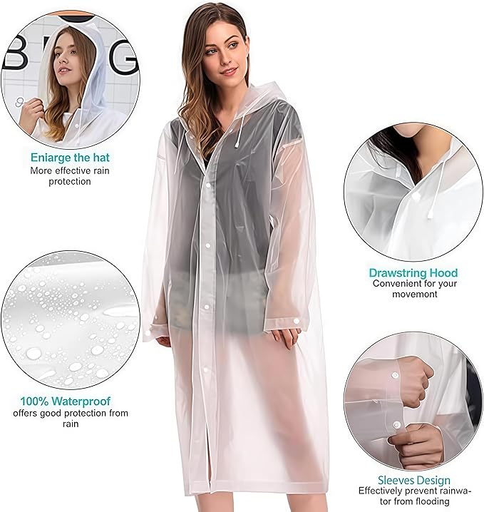 Rain Coat Poncho for Adult, 2 Pack Women Men Reusable Raincoats Emergency with Hood and Drawstring