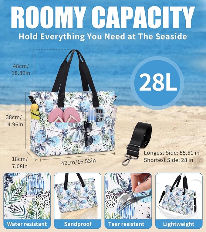 Beach Bags for Women, Large Waterproof Sandproof Swim Pool Bag with Dry Wet Seperated Pocket Utility Tote Bag