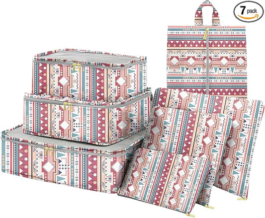 7 Set Packing Cubes Travel Luggage Organizers for Suitcase Travel Accessories with Shoe Bag for Girls Women Aesthetic Cute Boho Bohemian-Pink Blue
