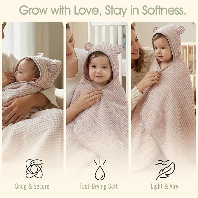 Ultra-Soft Muslin Toddler Hooded Towel – 55 x 28 Inches, Made with Organic Cotton, Gender-Neutral Dusty Pink Striped Jacquard Pattern, Ideal for Bath & Beach, Newborn to Toddler