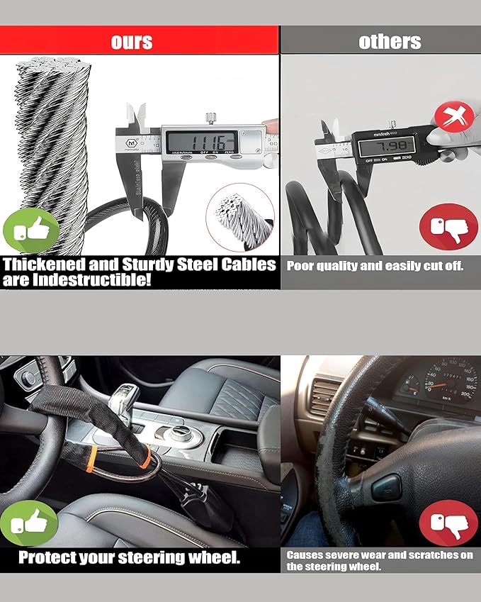 Universal Car Steering Wheel Lock and Seatbelt Lock, O-MKAC Double-Layer Anti-Theft Device with 3 Keys, Fits Most Cars, SUVs, Vans, Trucks, 17 Inch Adjustable, Lightweight & Portable (Black)