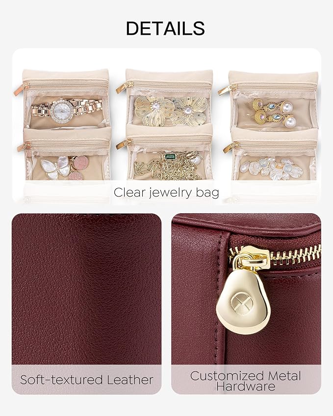 Vlando Jewelry Travel Case,Travel Jewelry Organizer with Clear Velvet Jewelry Bags 12Pcs Zipper Pouch for Women Gifts for Friends Sister-Red