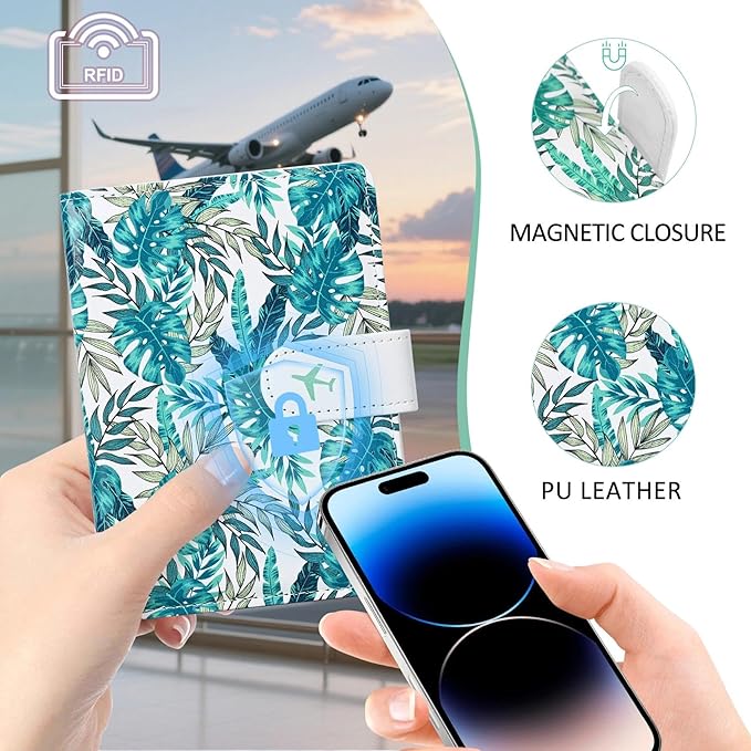 COSHAYSOO Personalized RFID Passport Holder for Travel Women Passports Cover Case Tropical Palm Leaf Pattern, Air Essentials Airplane Flight Accessories Airline Plane Flying Must Haves