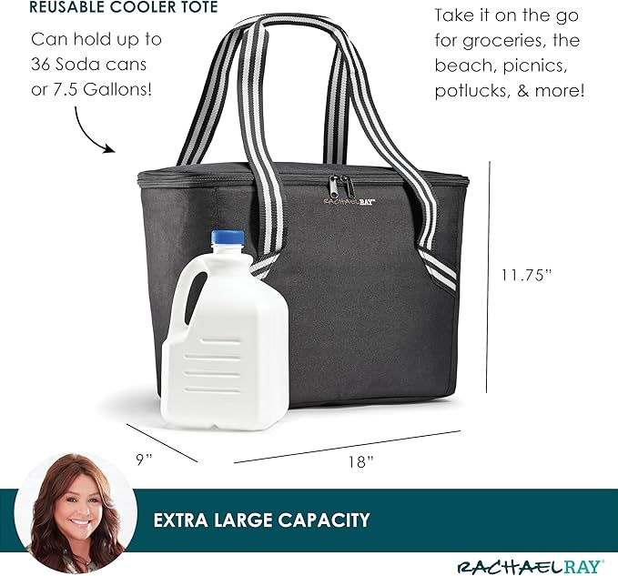 Rachael Ray Field Tote - Soft Sided Zippered Cooler Bag, Insulated & Leak Proof Grocery Bag, Portable Travel Cooler, Hot or Cold Carrier, Black