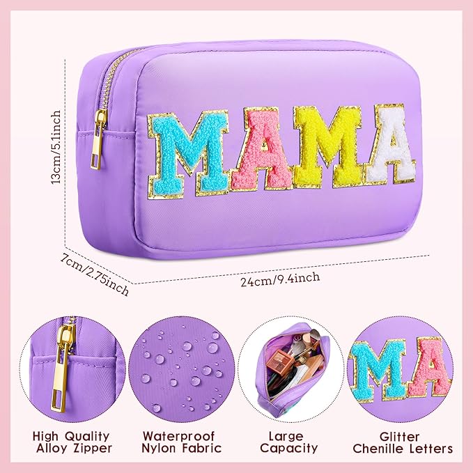 Sanwuta 2 Pieces Mama Gifts Makeup Bag Mom Pouch Birthday Gifts Nylon Cosmetic Bag Mothers Day Appreciation Toiletry Preppy Patch Chenille Letter for Women Her New Mom(Purple, Pink,Baby and Mama)