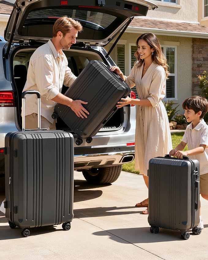 Coolife Luggage 3 Piece Set PC+ABS Hardshell Suitcases with TSA Lock, Spinner Lightweight (grey, 3 piece set)
