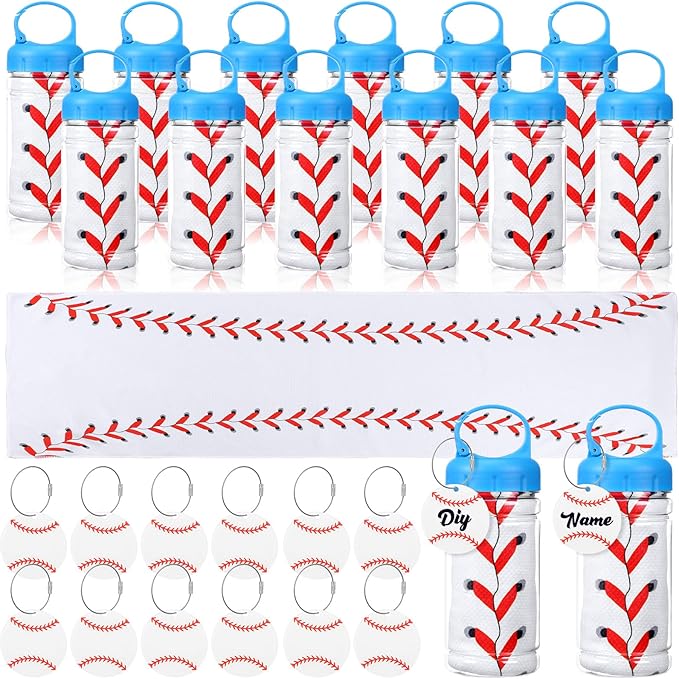 12 Pack Baseball Cooling Towels with Baseball Acrylic Luggage Tags, 40"x12" Breathable Chilly Ice Towel for Neck with Plastic Container, Sport Towel for Players Team Gift Sport Party Favors