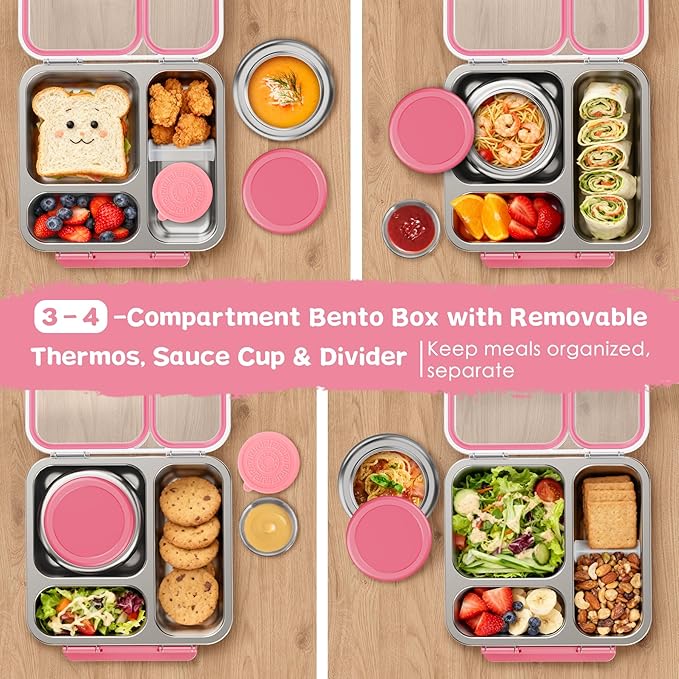Stainless Steel Bento Box Kids Adult with 7oz Insulated Food Jar, Transparent Lid Metal Lunch Box With Soup Thermal Jar, Lunch Box Container with Removable Divider & Sauce Cup School (Pink)