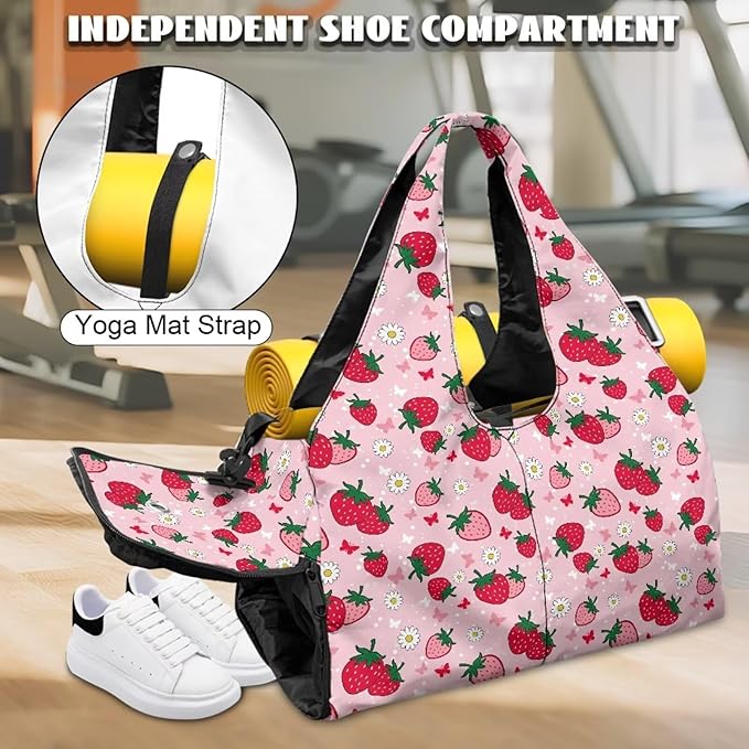 Strawberry Butterfly Flower Gym Bag for Women with Shoe Compartment Ladies Fashion Mini Travel Duffle Bag Lightweight for Overnight Weekender Yoga Swim Dance Short Trip, Pink