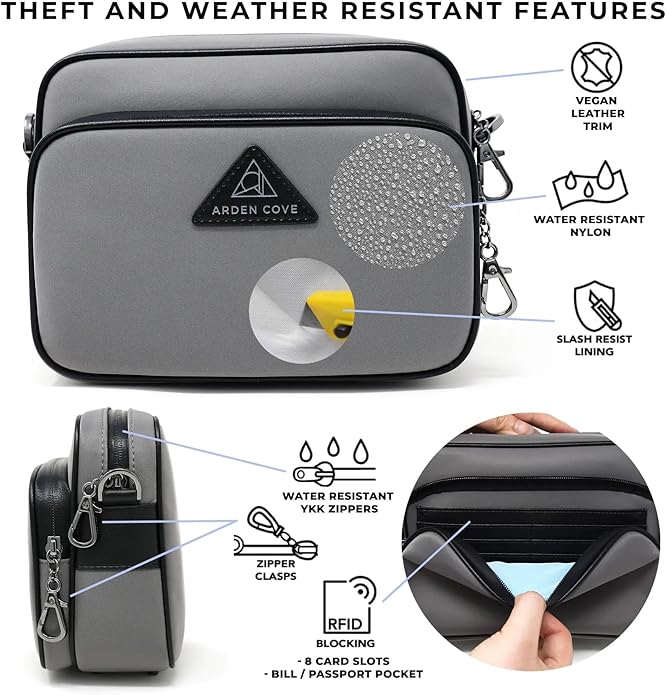 Womens Anti-Theft Water-Proof Travel Crossbody Bag with Slash-Resistant Faux Leather & Locking Clasps Strap