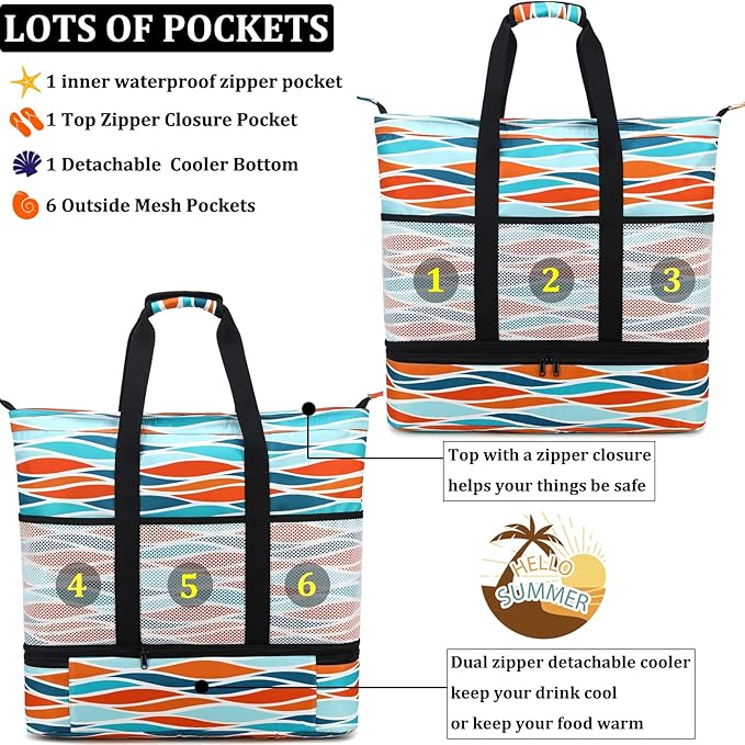 JIANYA Beach Bag Women Waterproof Sandproof Beach Tote Bags with Cooler Top Zipper Large Totes for Pool Travel Daily