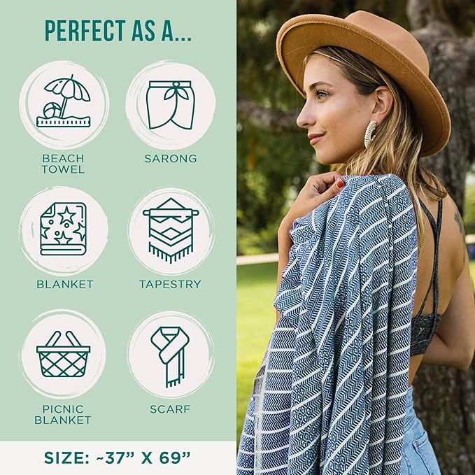 Sand Cloud Turkish Beach Towel - Sand Proof - 100% Certified Organic Turkish Towel - Quick Dry Towel for Beach, Picnic, Blanket or Bath Towel - As Seen on Shark Tank - Gocek (Denim) (Pack of 2)