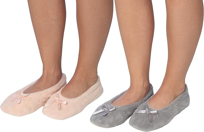 Roxoni Women's Terry Classic Cotton & Velour Ballerina Slippers (Pack of 2)