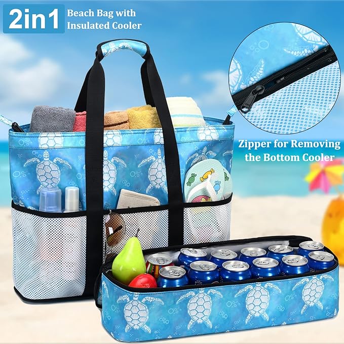 JIANYA Beach Bag Women Waterproof Sandproof Beach Tote Bags with Cooler Top Zipper Large Totes for Pool Travel Daily