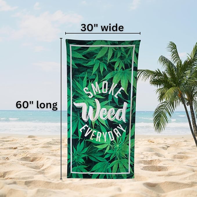 Smoke Weed Every Day Beach Towel 30”x60” – 100% Cotton Velour, Absorbent, Quick-Dry, Easy-Pack for Spring Break, Vacation, Beach, Pool, or Sunbathing – Lightweight, Compact for Travel – Novelty Gift