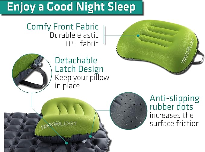 TREKOLOGY Ultralight Inflatable Camping Travel Pillow - ALUFT 2.0 Compressible, Compact, Comfortable, Ergonomic Inflating Pillows for Neck & Lumbar Support While Camp, Hiking, Backpacking