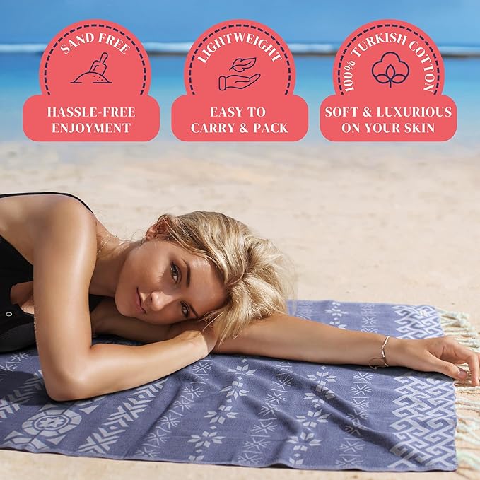 100% Cotton Quick Dry Travel Beach Towel - Large Turkish Beach Towels Oversized Sandproof (69 x 37 inch) - Fast Drying, Packable, Cloud, Sand Proof Towels for Adults – Turkish Beach Blanket, Gifts
