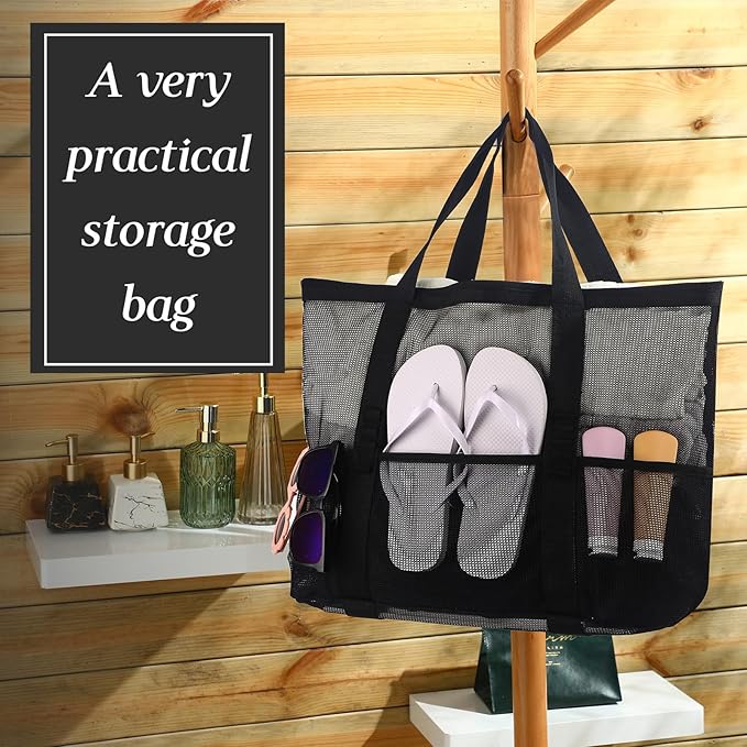 Hillban Large Beach Mesh Bags Bulk for Women Beach Tote Bag with 8 Pocket Zipper Waterproof Sandproof for Pool Cruise Ship
