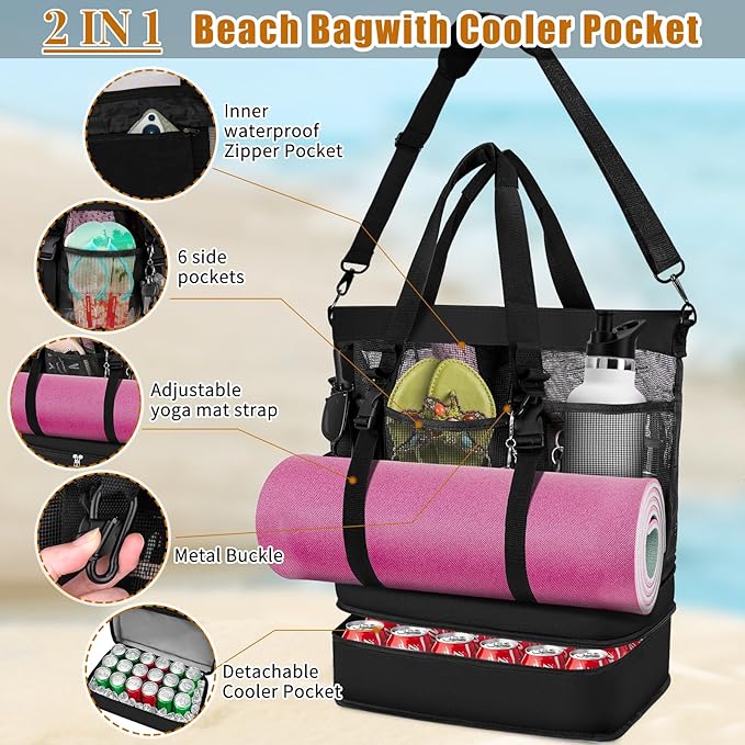 SelfTek Beach Tote Bag with Cooler compartment, Waterproof Sandproof Daily Pool Swim Travel Essentials