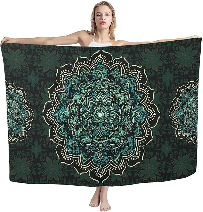 Dark Green Boho Flower Print Soft Beach Towel 110x78 inch,Woven Microfiber Sand Free Beach Towel Lightweight Beach Bath Towel for Adult Teenagers, Quick Dry Pool Towel Decorative Size L