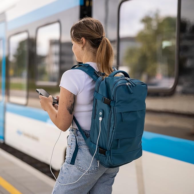 (Not Made In China) Travel Backpack For Men and Women, Airline Approved Carry On Bag w/Shoe Compartment, Holds 15.6" Laptop, USB Charging Port (Columbus, Peacock Blue, 2 Pack)