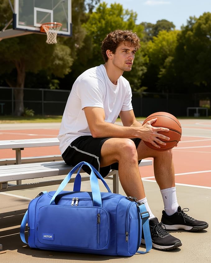 HOTOR Gym Bags for Men & Women - Spacious Duffle Bag with Shoe Compartment & Wet Pocket, Carry On Weekender Bag Portable Sports Duffel Bag for Workout, Fitness, Travel, Blue, 20.5" x 11.0" x 10.6"