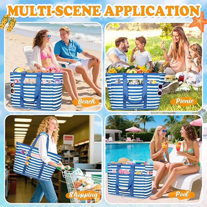 Large Beach Bag with Zipper, 12 Pockets Waterproof Sandproof Pool Bag Womens Mesh Beach Tote Bag for Travel Vacation