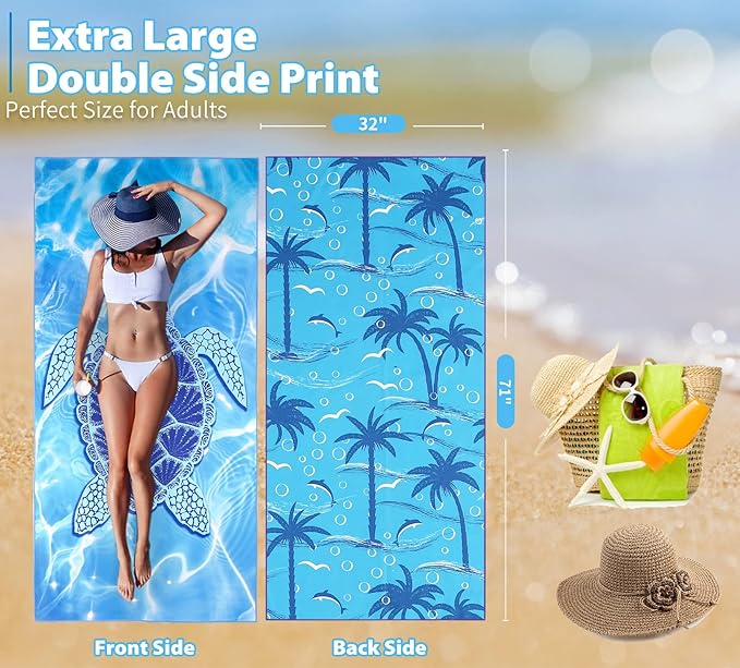 TwoYek Microfiber Thin Beach Towel Lightweight Oversized 71x32 Extra Large Sand Free Towels Quick Dry for Travel Pool Camping Sports Beach Accessories Vacation Essential Gift Turtle