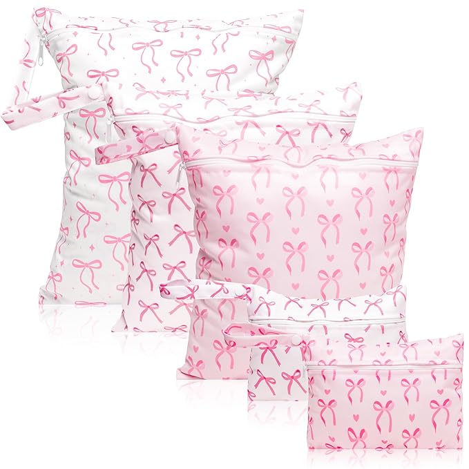R HORSE 5Pcs Waterproof Baby Diaper Bag, Cute Pink Bow Wet Dry Bag with Handle Zipper Toiletry Organizing Pouches for Cloth Diapers Swimsuits Travel Beach Pool Essentials for Boys Girls