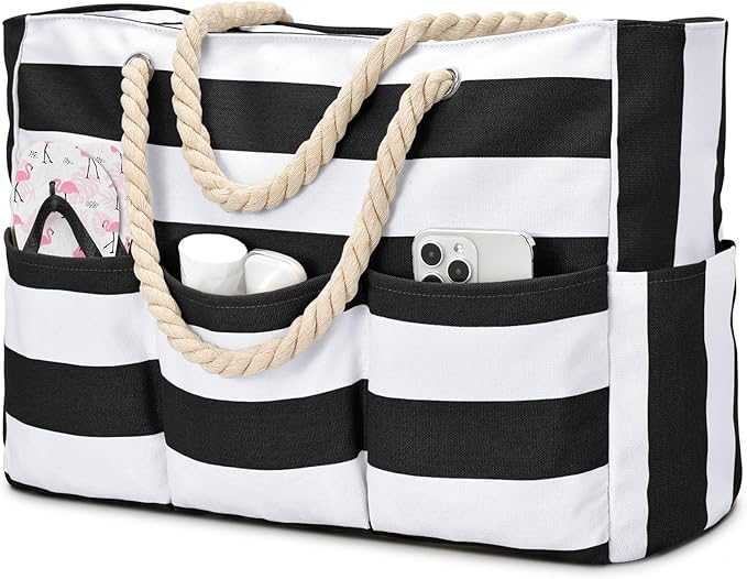 Becokan Beach Bags for Women Canvas Large Beach Tote Bag Zipper Waterproof Sandproof Foldable Swim Pool Bag with 7 Pockets
