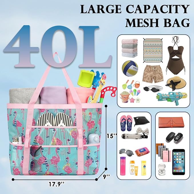 Mesh Beach Bag, Large Beach Tote with Zipper Pocket, Toys Pool Bag for Family Travel Vacation Cruise Essentials