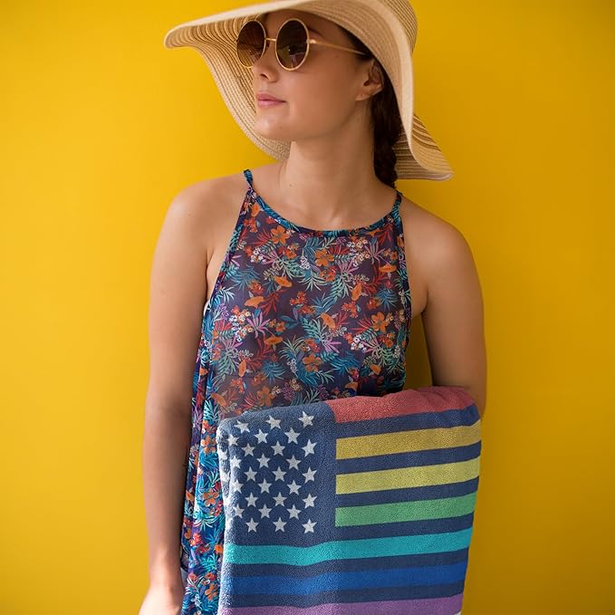 Neon Pride Flag Beach Towel 30”x60” - Soft Cotton Velour, Highly Absorbant, Quick Dry, Easy-Pack for Spring Break, Vacation, Beach, Pool - Lightweight, Compact for Travel - Novelty LGBTQ Gift