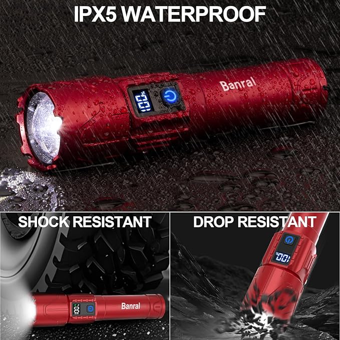 Rechargeable Tactical Flashlights 2000 High Lumens - 5000mAh Super Bright LED Powerful Flash Light, Waterproof Handheld USB C Flashlight for Home,Car,Camping,Emergencies,5 Modes,Zoomable (1, Red)