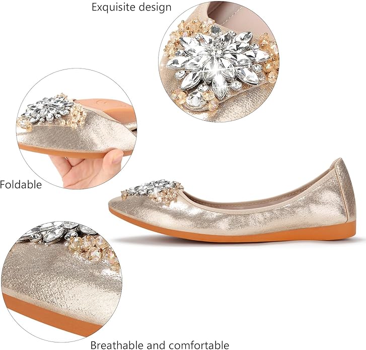 KUNWFNIX Women Ballet Flats Rhinestone Wedding Ballerina Shoes Foldable Sparkly Comfort Slip on Flat Shoes