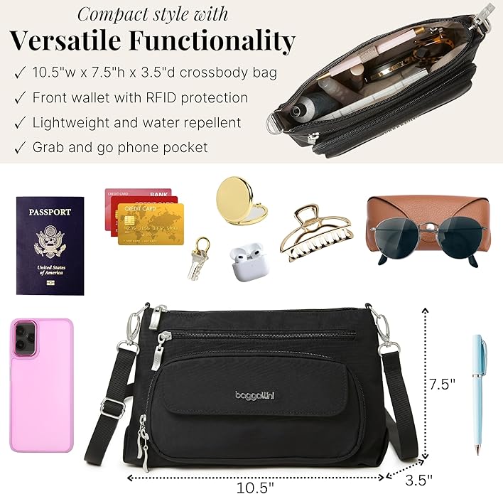 Baggallini Original Everyday 11x7.5 Crossbody Bags Rfid Protected Lightweight Nylon Zippered Travel Purse