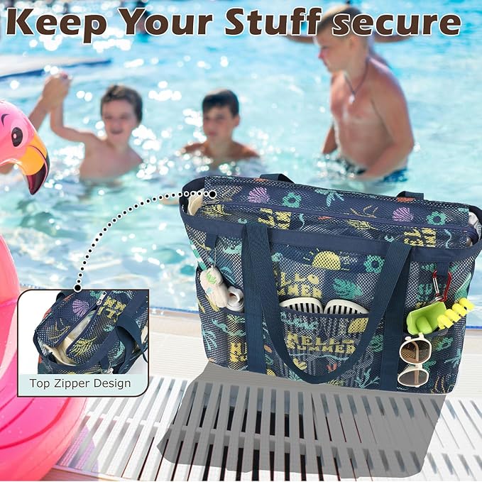 Mesh Beach Bag with Zipper, Large Beach Tote for Women, Toys Pool Swim Bag Travel Vacation Cruise Essentials