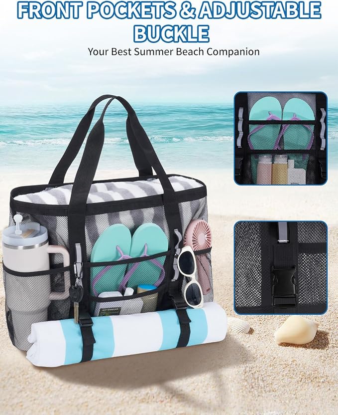 WANDF Mesh Beach Bag for Women, Large Beach Tote Bags with 40oz Tumbler Side Pockets, Family Pool Bag for Swim Toys Towels Cruise Vacation Essentials (Black) | Breathable