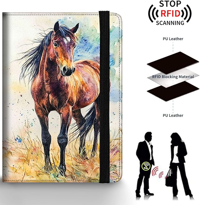 Passport Holder Wallet Cover Case,RFID Blocking Passport Cover,Large Capacity Travel Wallet with Multi Card Slots (Watercolor Horse)