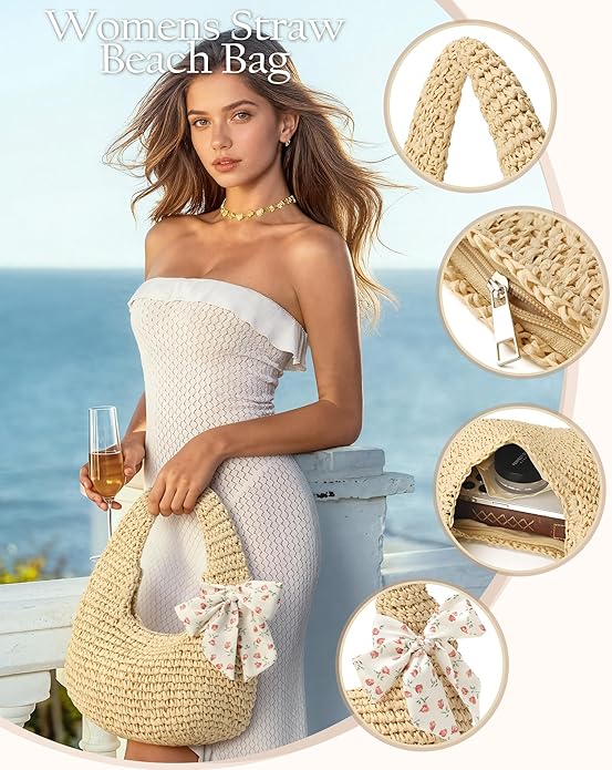 Beach Bags for Women - Handmade Straw Clutch Purses for Women Handbag Zip Closure Tote Bag Lightweight