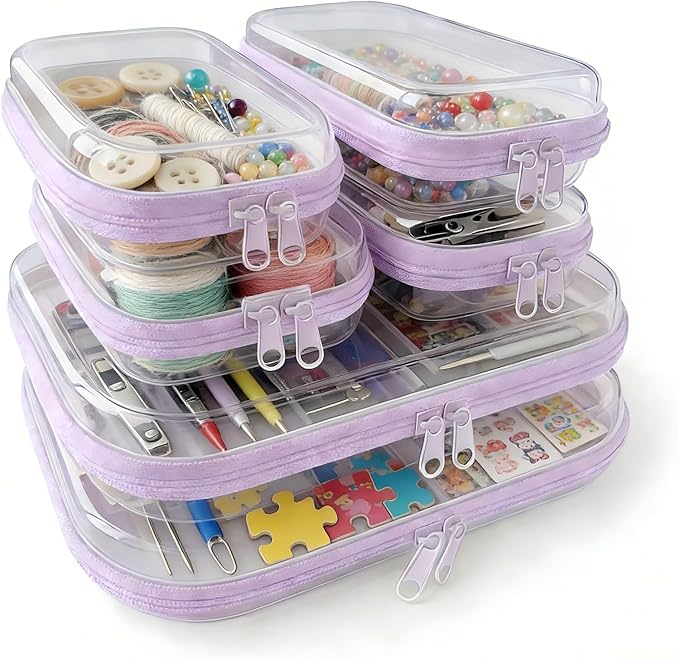 6Pcs/2M+4S Clear Hard Shell Zippered Travel Case – Plastic Organizer Pouch for Toiletries, Cosmetic Bag, Diaper Bag & Packing Accessories (Purple, Set C)