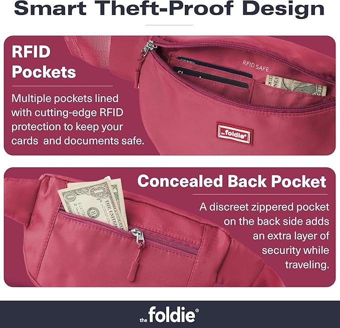 The Foldie Foldable Crossbody Bags for Women & Men - Anti-Theft RFID-Safe Fanny Pack with Smart Lockable Zippers and Cut-Resistant Strap - Lightweight Waist Pack for Travel & Everyday Use - Pink